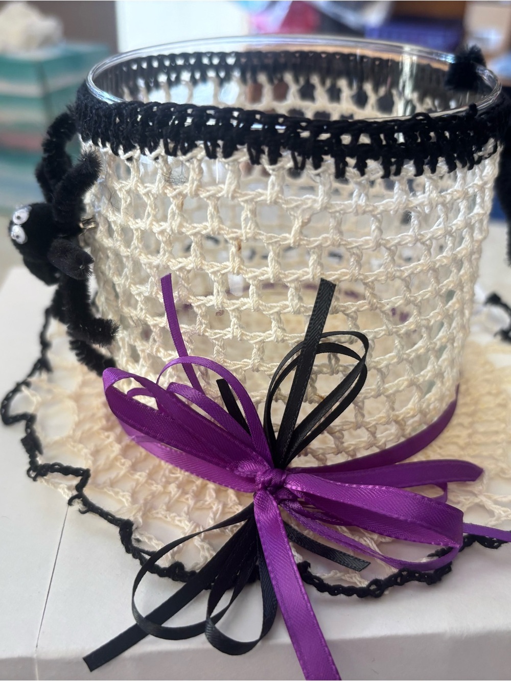 Handcrafted Cream Crochet Candle Holder with Purple & Black Ribbon Accent glass